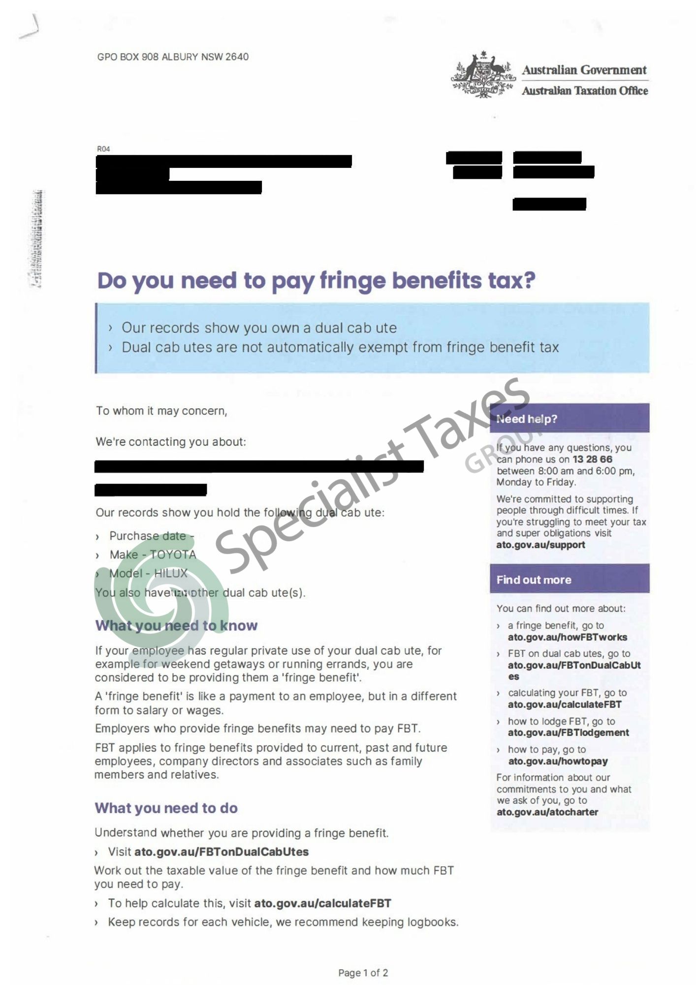 Example of an ATO FBT Audit letter on Ute's Example of an ATO FBT Audit letter on Ute's